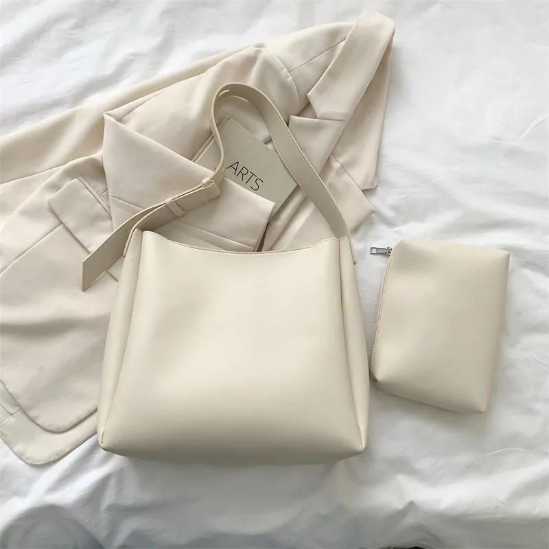 Large soft PU shoulder tote bag for women with detachable small bag in khaki, 33x30x10cm