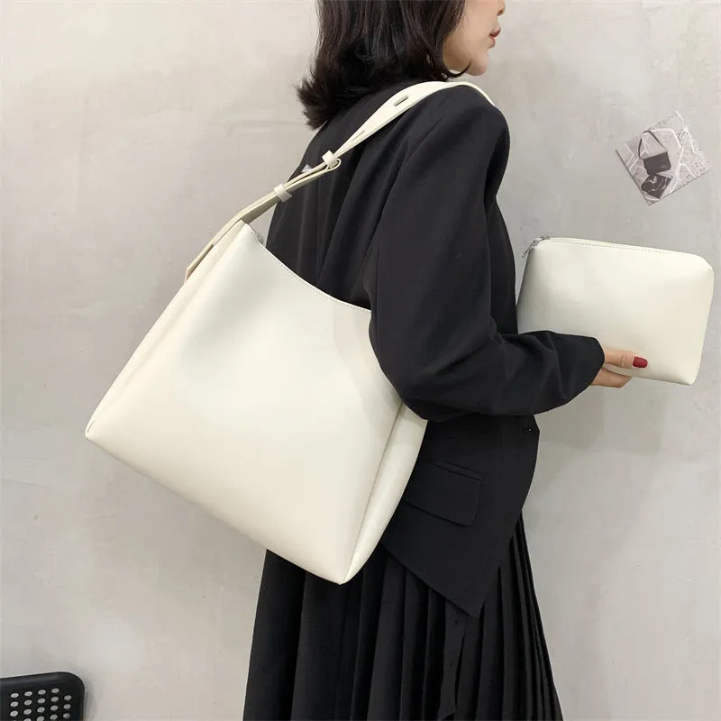 Large soft PU shoulder tote bag for women with detachable small bag in khaki, 33x30x10cm