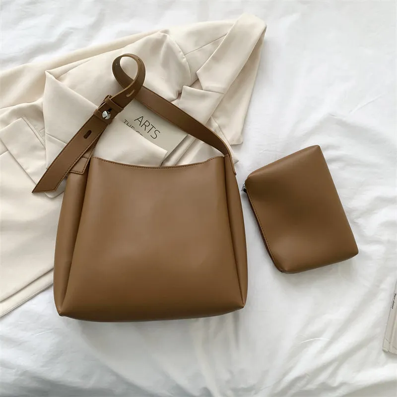 Large soft PU shoulder tote bag for women with detachable small bag in khaki, 33x30x10cm