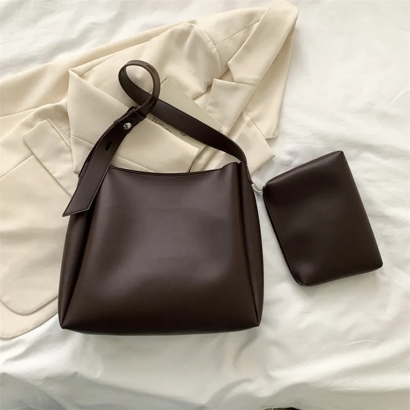 Large soft PU shoulder tote bag for women with detachable small bag in khaki, 33x30x10cm