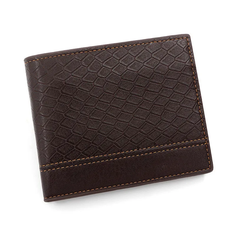 Men's horizontal square PU leather wallet with embossed snake pattern, available in rustic brown, dark brown, and black