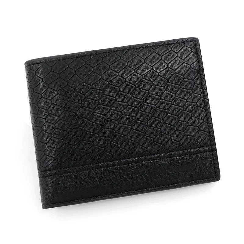 Men's horizontal square PU leather wallet with embossed snake pattern, available in rustic brown, dark brown, and black