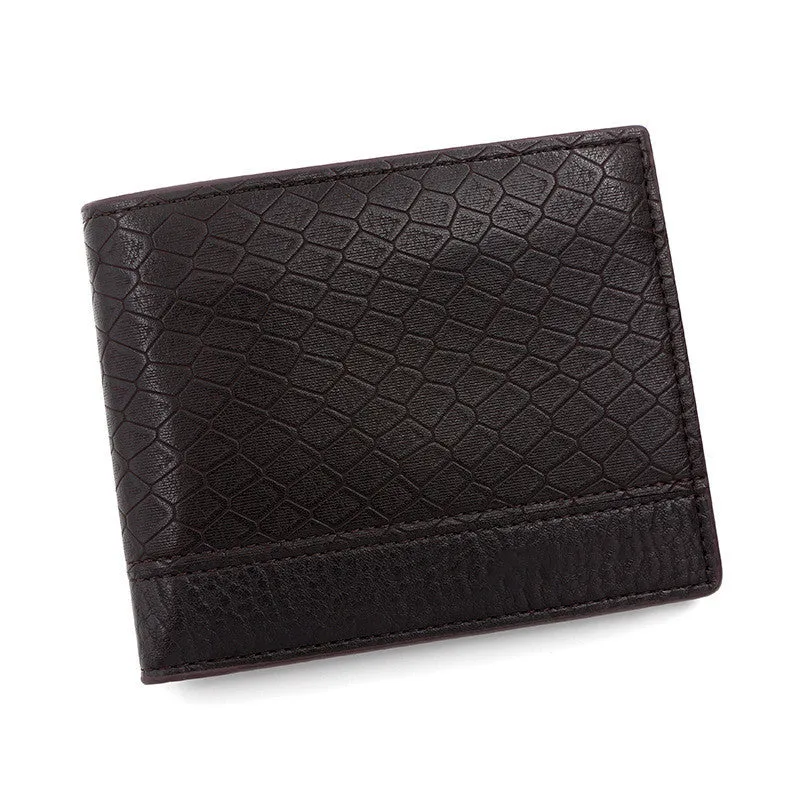 Men's horizontal square PU leather wallet with embossed snake pattern, available in rustic brown, dark brown, and black