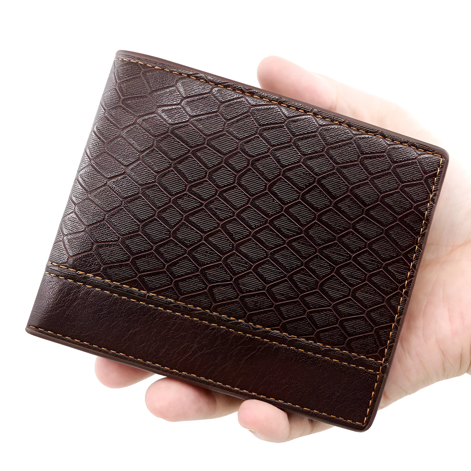 Men's horizontal square PU leather wallet with embossed snake pattern, available in rustic brown, dark brown, and black