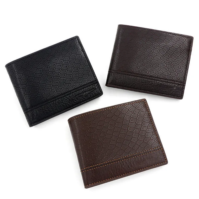 Men's horizontal square PU leather wallet with embossed snake pattern, available in rustic brown, dark brown, and black