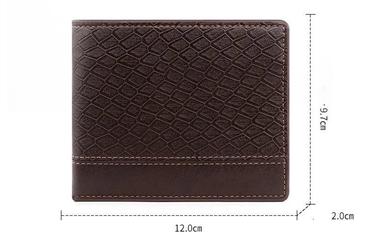 Men's horizontal square PU leather wallet with embossed snake pattern, available in rustic brown, dark brown, and black