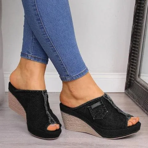 Summer women's canvas wedge sandals in black, fish mouth open toe, platform high heel