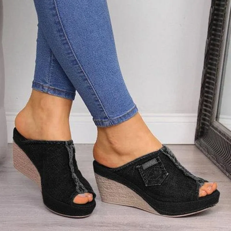 Summer women's canvas wedge sandals in black, fish mouth open toe, platform high heel