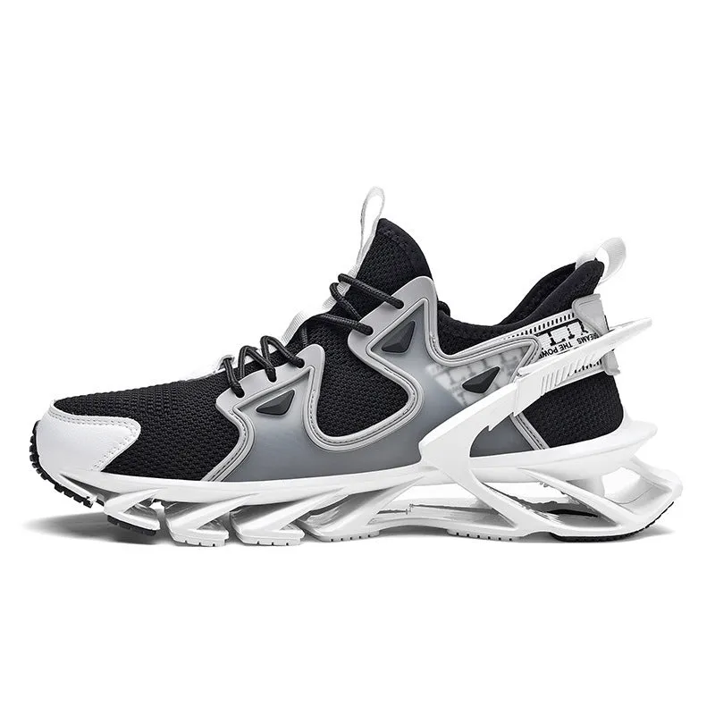 Men's black and white breathable flying woven blade sneakers with TPU sole low-top round toe