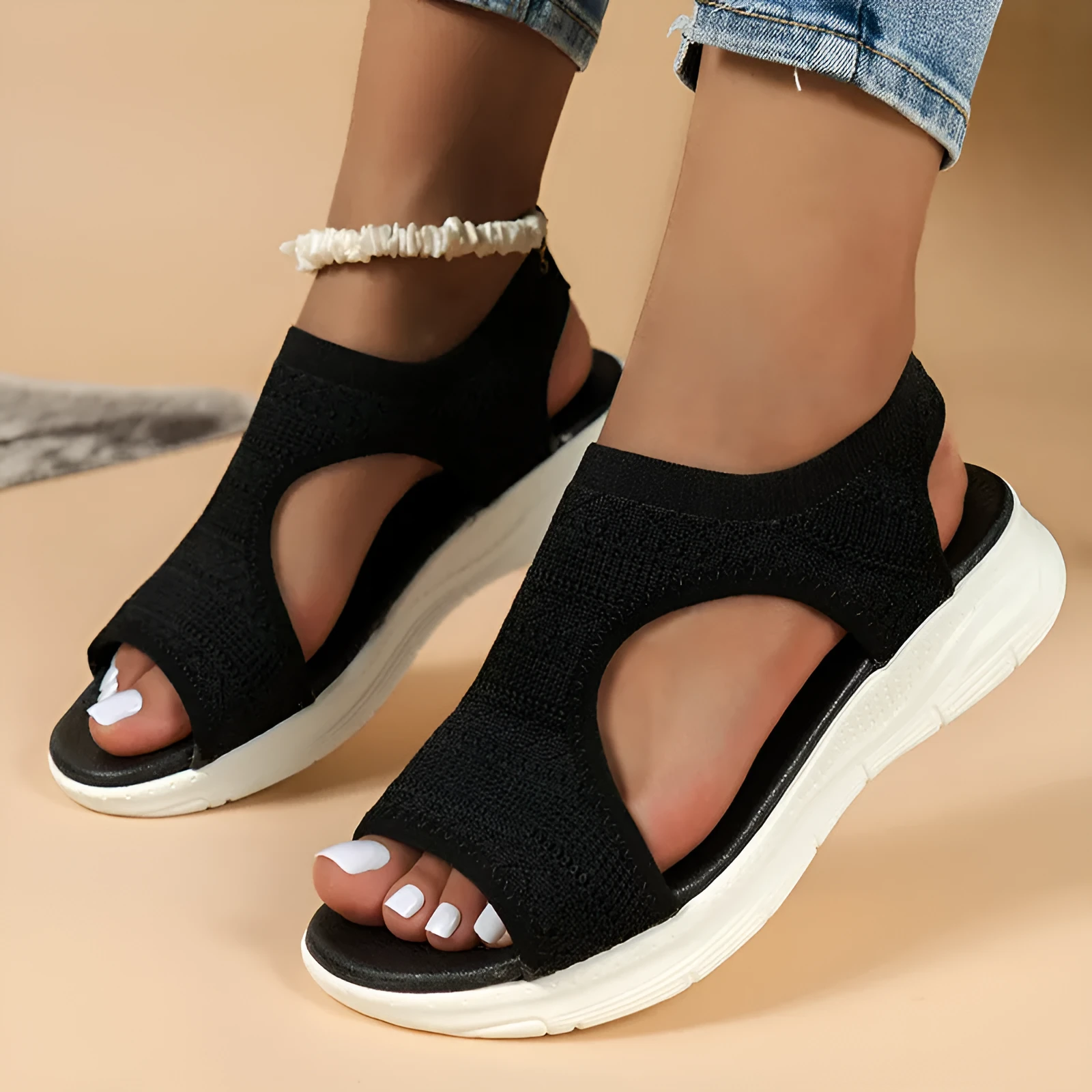 Women's flyknit hollow peep-toe Roman sandals in grey, PU upper with fish mouth toe, low-top slip-on design