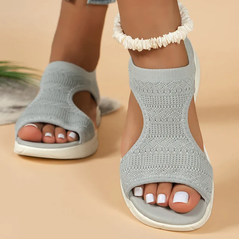 Women's flyknit hollow peep-toe Roman sandals in grey, PU upper with fish mouth toe, low-top slip-on design