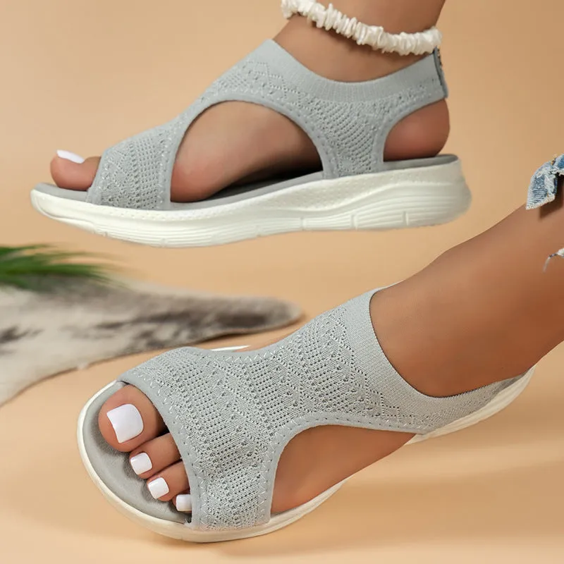 Women's flyknit hollow peep-toe Roman sandals in grey, PU upper with fish mouth toe, low-top slip-on design
