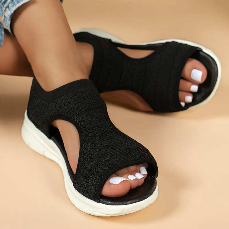 Women's flyknit hollow peep-toe Roman sandals in grey, PU upper with fish mouth toe, low-top slip-on design
