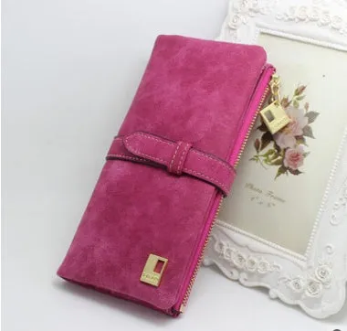 Long PU leather zipper wallet for women with card holder and cell phone pocket in solid colour