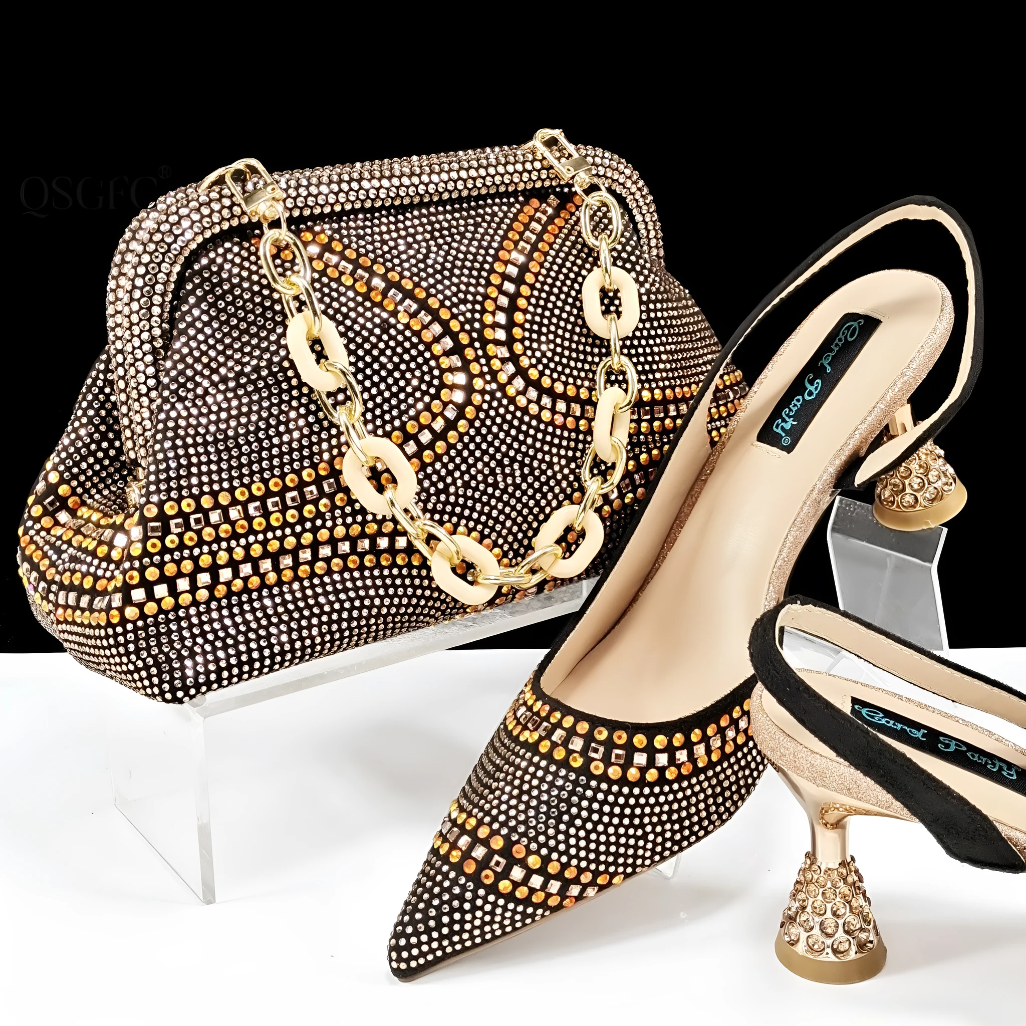 Women's pointed toe high heel shoes with matching small bag in synthetic leather, wine glass heel.