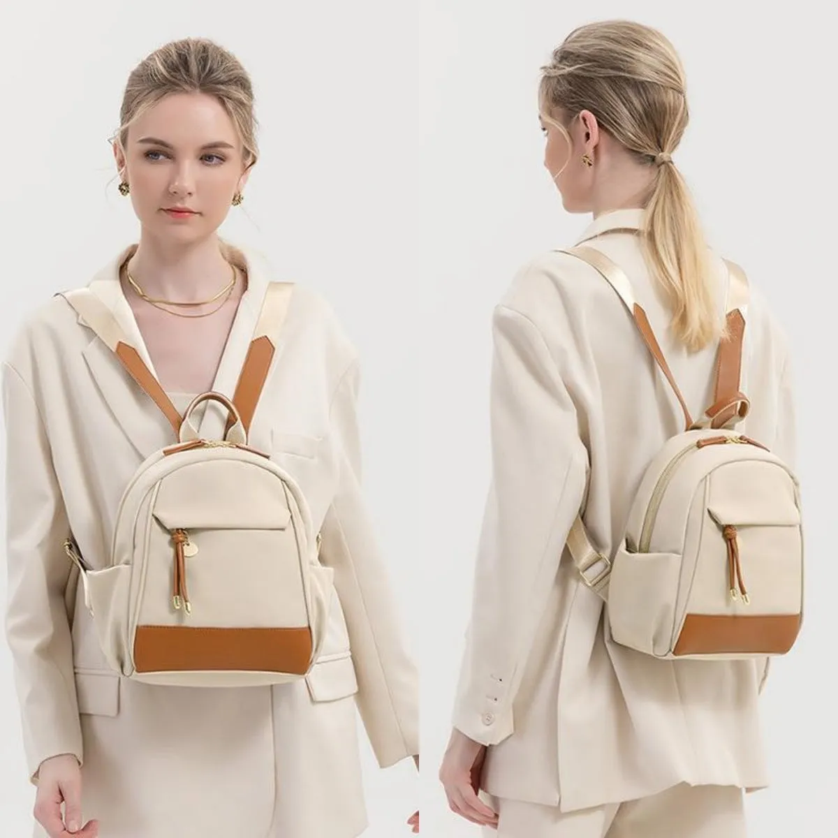 Women's double shoulder Oxford cloth backpack in almond colour with contrast stitching and open outer pocket