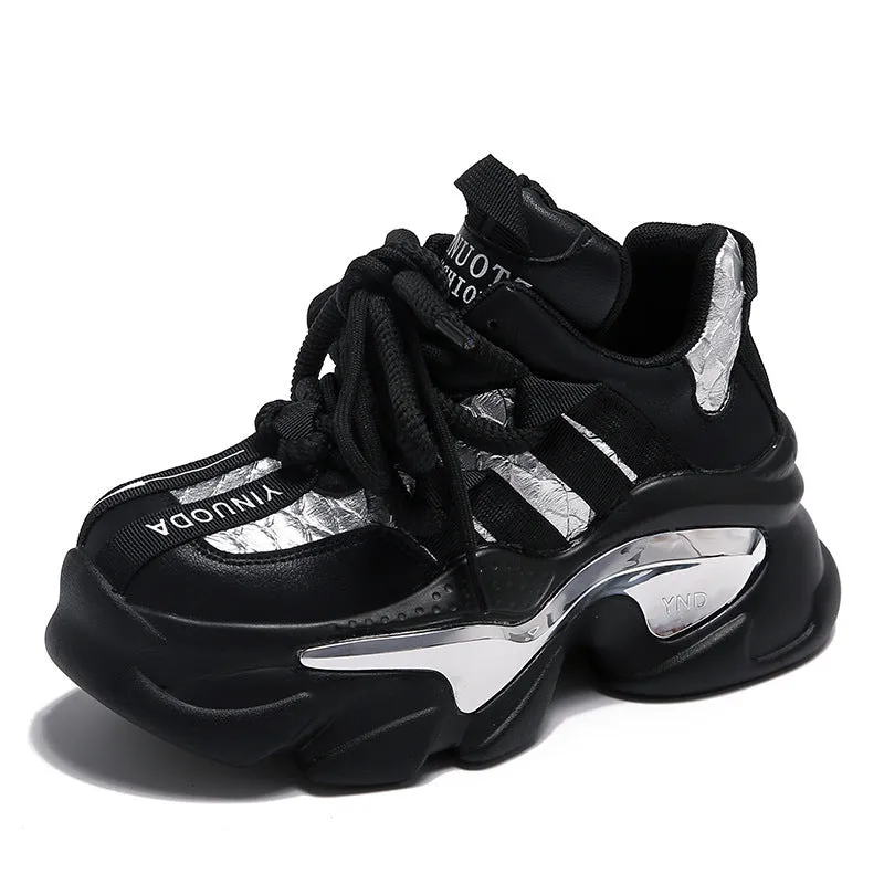 Women's casual platform height increasing sneakers in black with round toe and 6-8cm heel