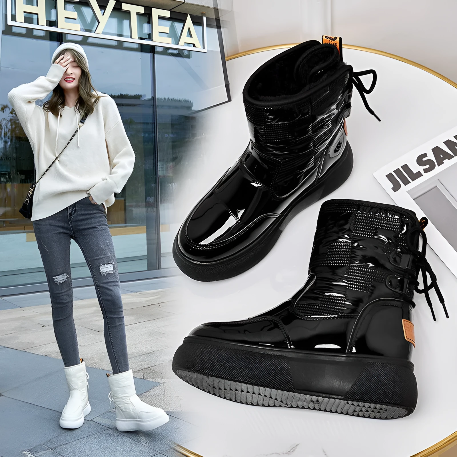 Women's ankle boots flat-bottomed thick-soled artificial PU black velvet cotton lining low heel
