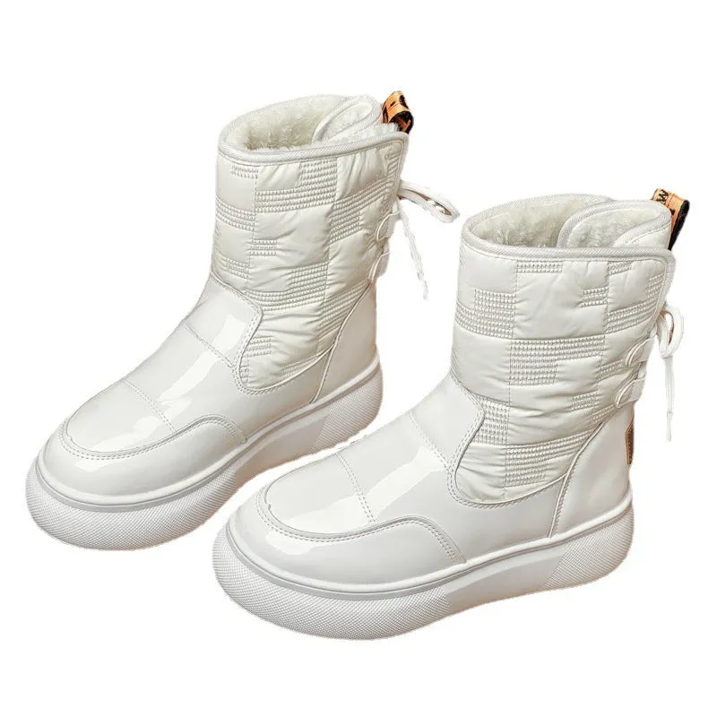 Women's ankle boots flat-bottomed thick-soled artificial PU black velvet cotton lining low heel
