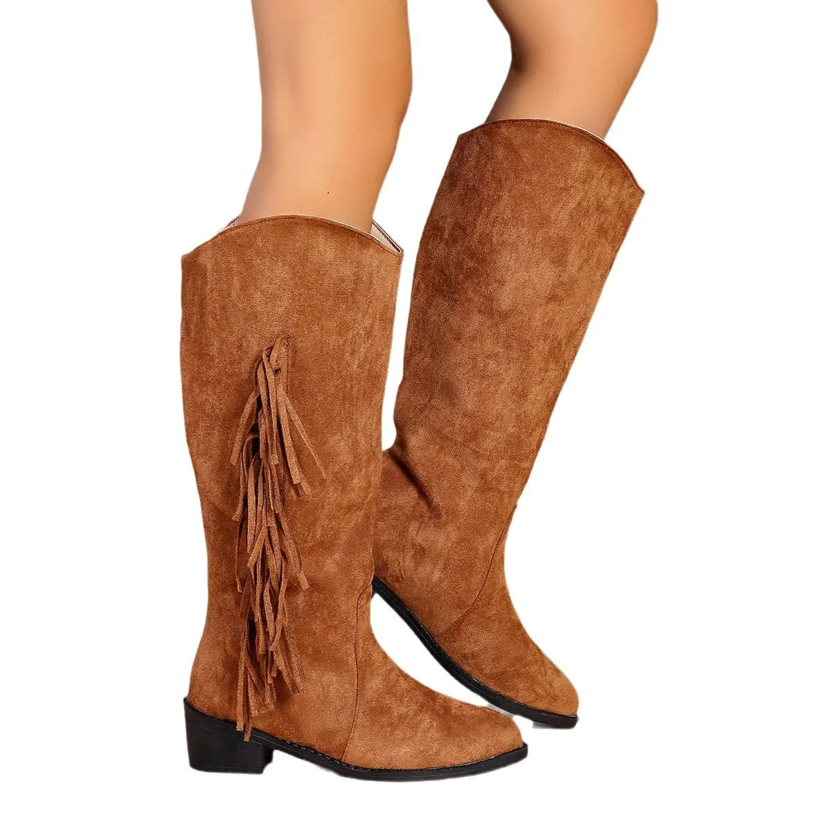 Women's brown fringe chunky heel long western boots with tassel detail and pointed toe