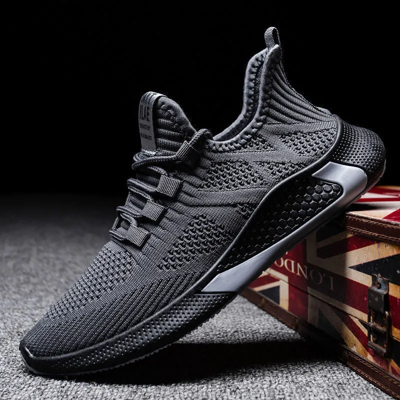 Men's lace up fly woven mesh breathable casual shoes in black with low square heel