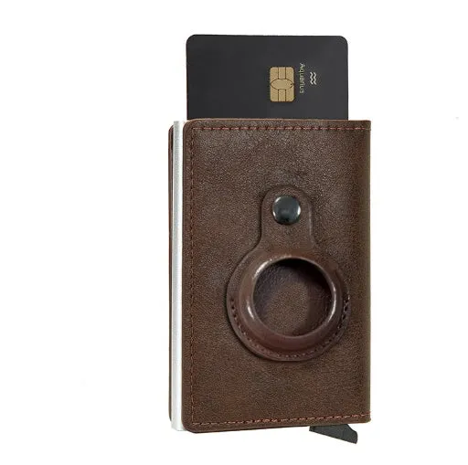 Slim card wallet in black with RFID blocking and buckle option for men and women