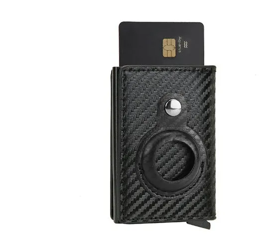 Slim card wallet in black with RFID blocking and buckle option for men and women