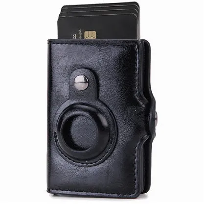 Slim card wallet in black with RFID blocking and buckle option for men and women