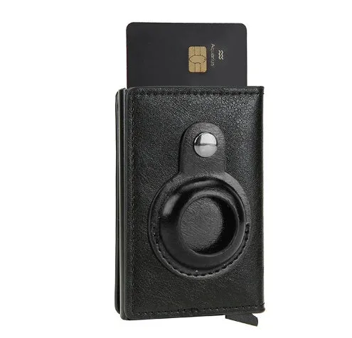 Slim card wallet in black with RFID blocking and buckle option for men and women