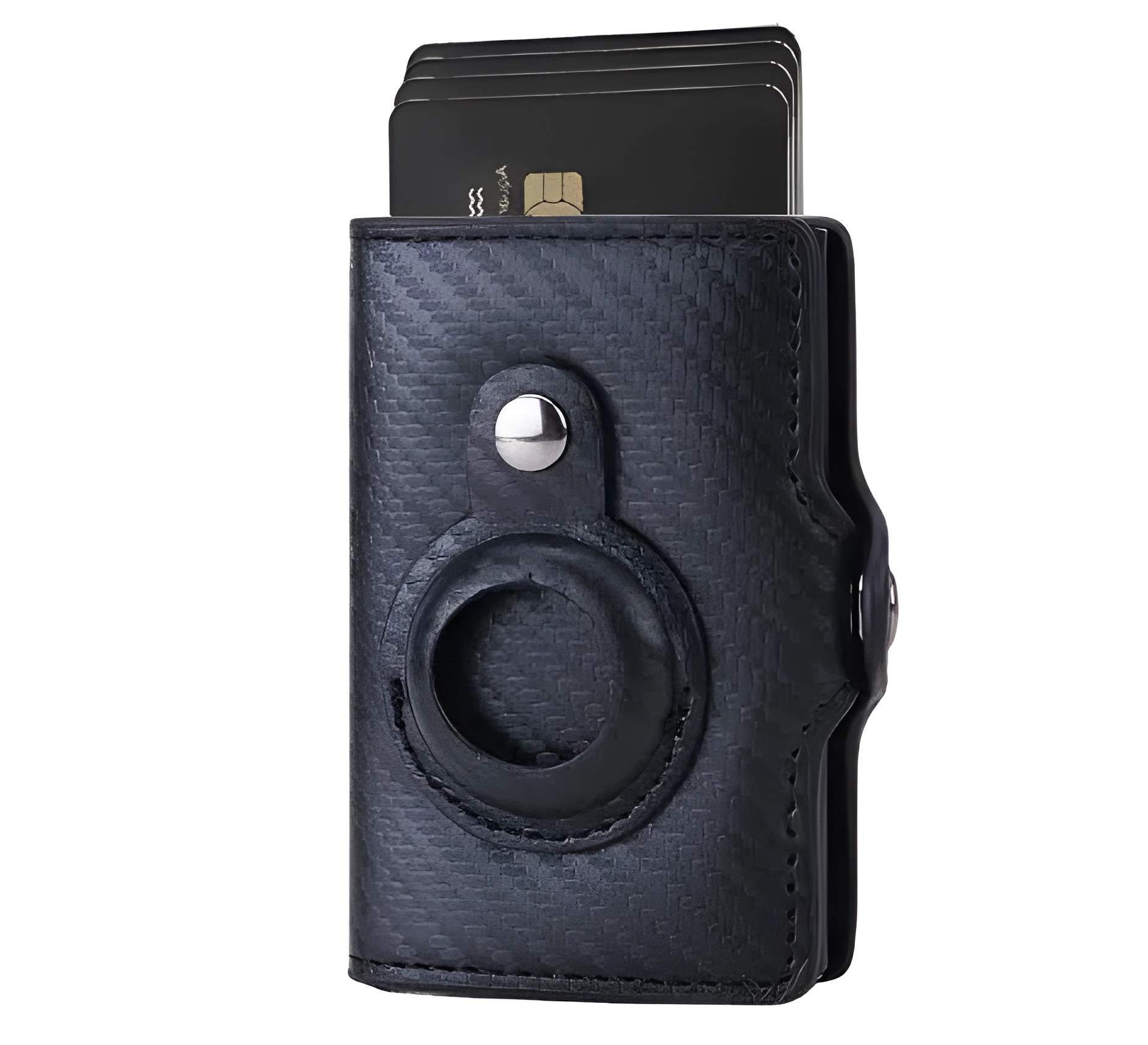 Slim card wallet in black with RFID blocking and buckle option for men and women