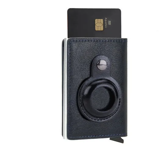 Slim card wallet in black with RFID blocking and buckle option for men and women