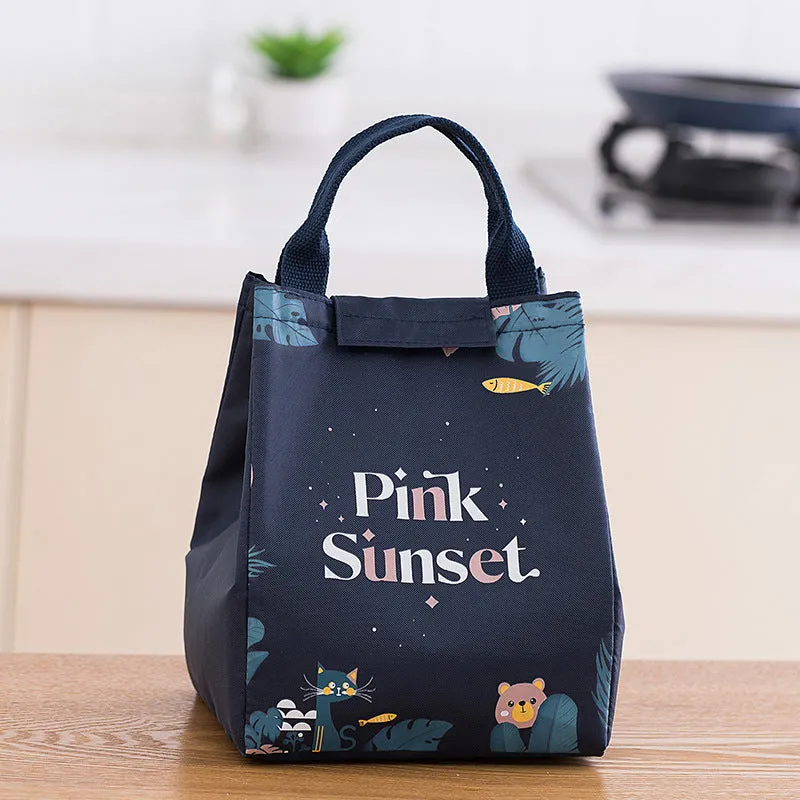 Insulated Oxford cloth lunch bag with shoulder strap in printed designs for office workers