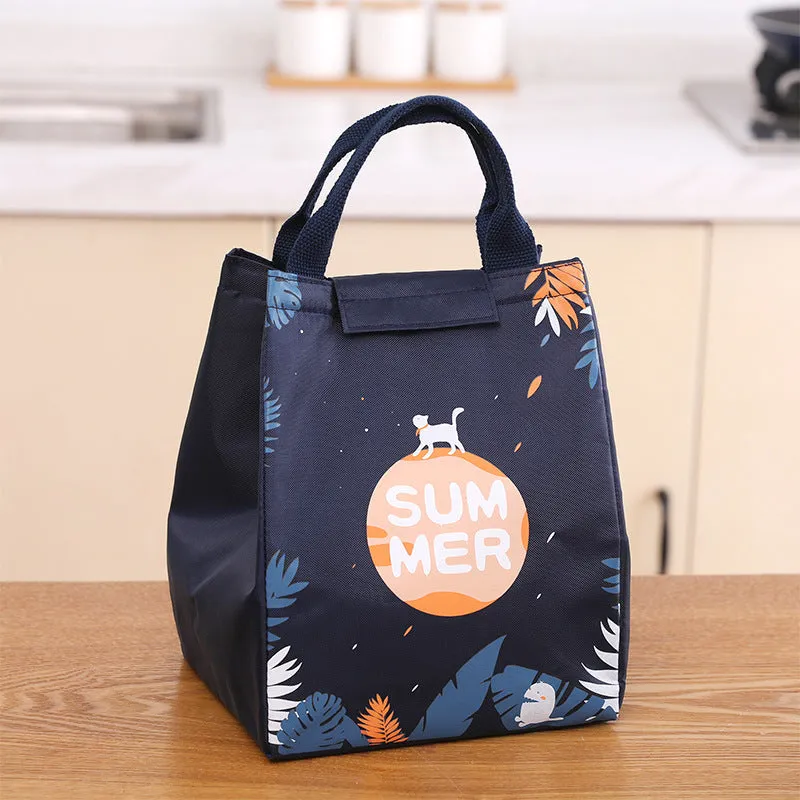 Insulated Oxford cloth lunch bag with shoulder strap in printed designs for office workers