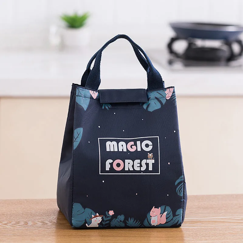 Insulated Oxford cloth lunch bag with shoulder strap in printed designs for office workers
