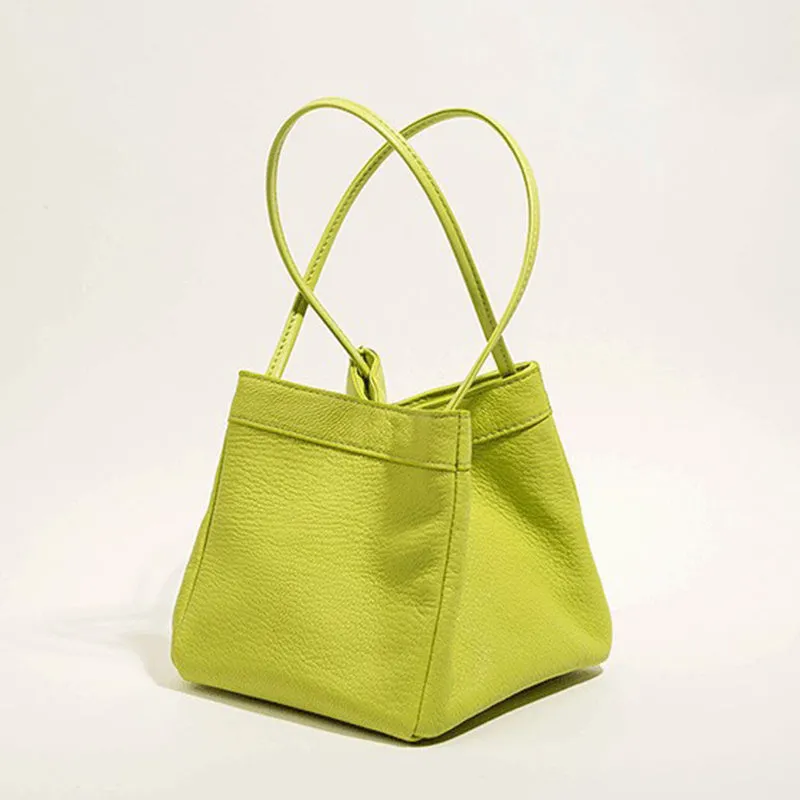 Cute small square bucket bag for women in textured PU, available in six solid colours including green and black.