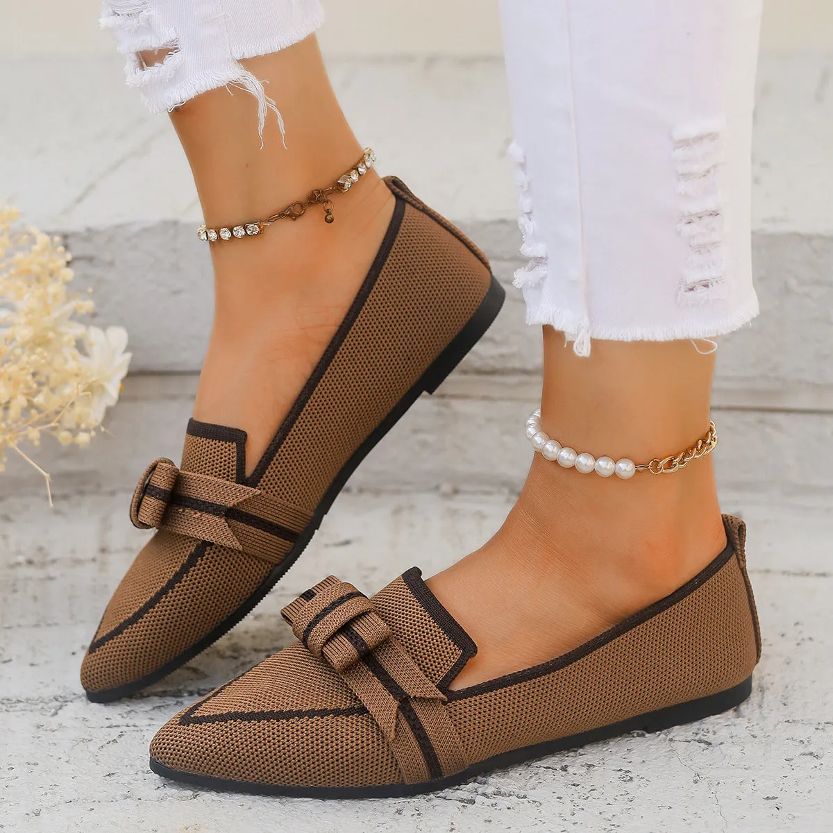 Women's fabric flat shoes with bowknot detail in brown low heel casual style