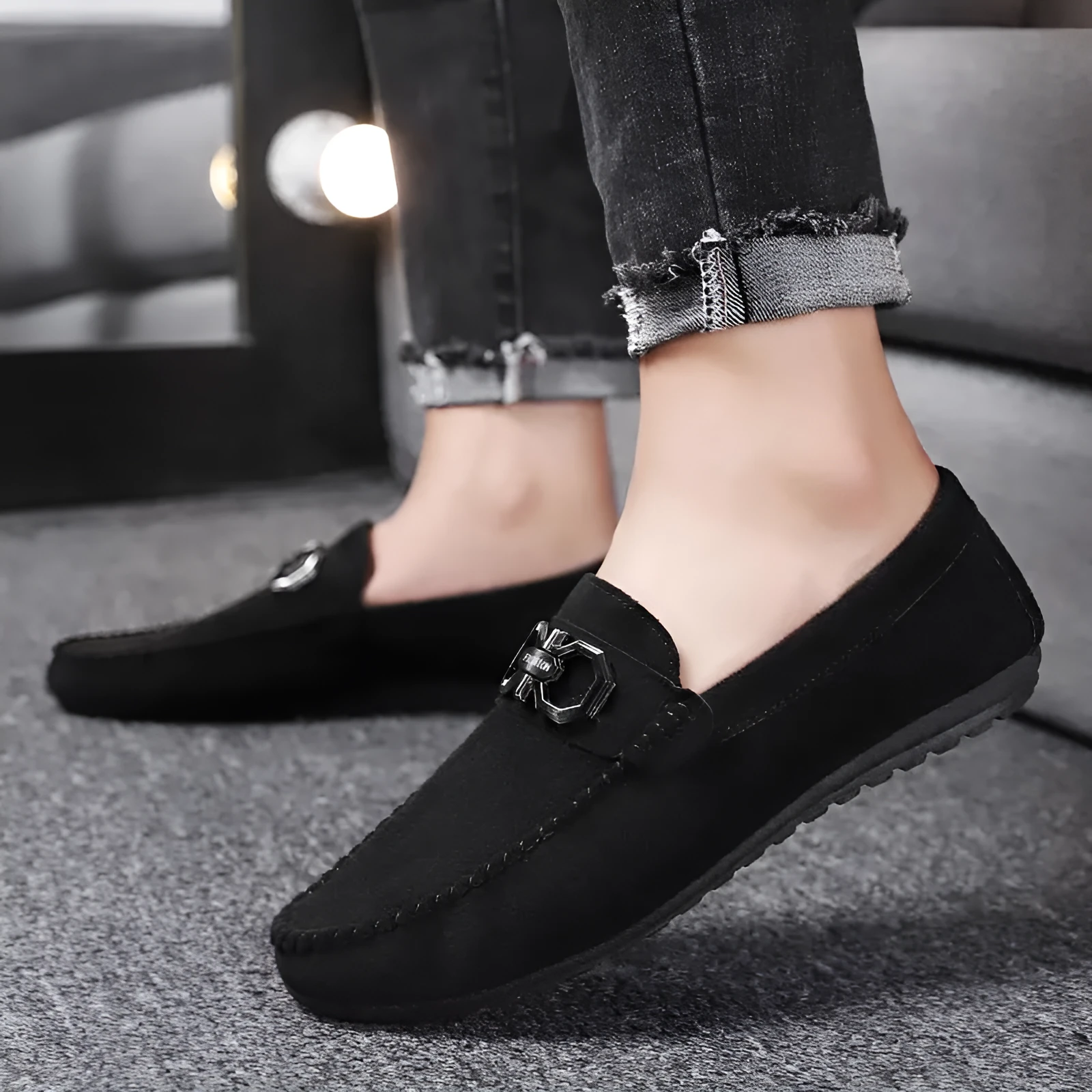 Men's black and grey casual shoes with suede upper and rubber sole
