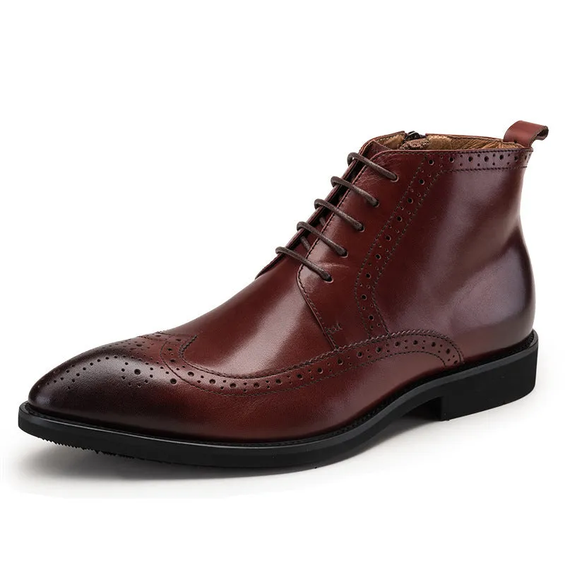 Carved genuine leather mid-calf boots in wine red with low heel and rubber sole