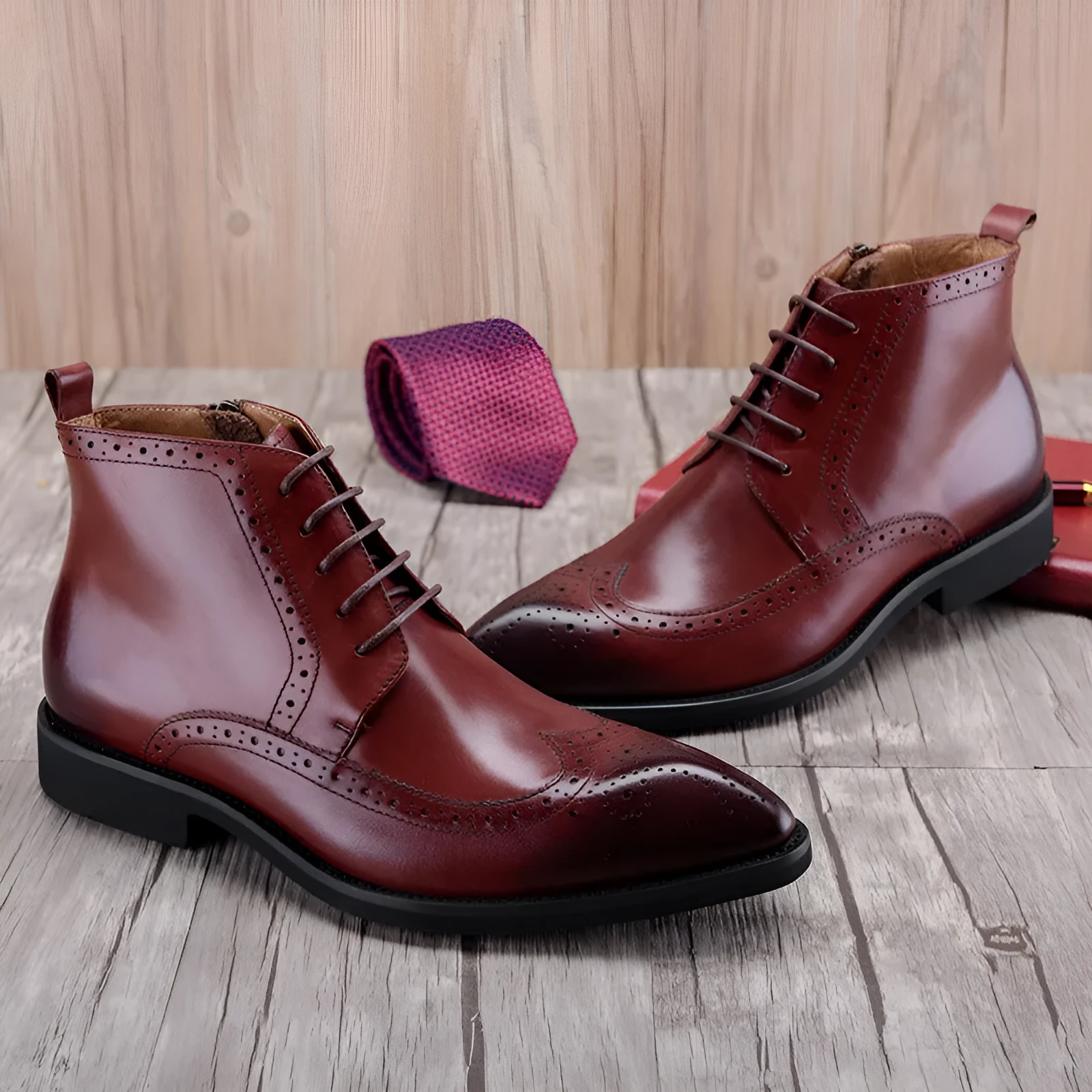 Carved genuine leather mid-calf boots in wine red with low heel and rubber sole