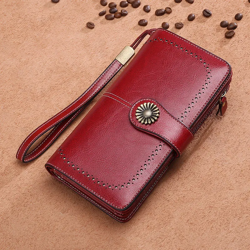 Hollow women clutch leather wallet bovine split skin zipper closure vertical square shape solid colour handbag accessory