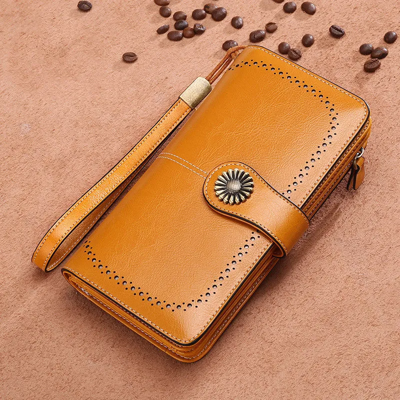 Hollow women clutch leather wallet bovine split skin zipper closure vertical square shape solid colour handbag accessory