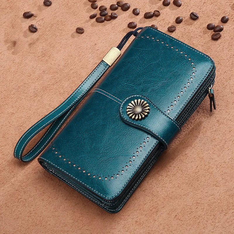 Hollow women clutch leather wallet bovine split skin zipper closure vertical square shape solid colour handbag accessory