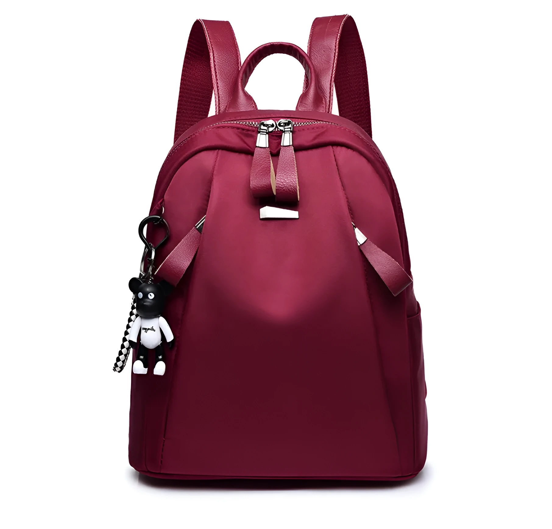 Medium square Oxford cloth rucksack in wine red with double straps and a front patch pocket.