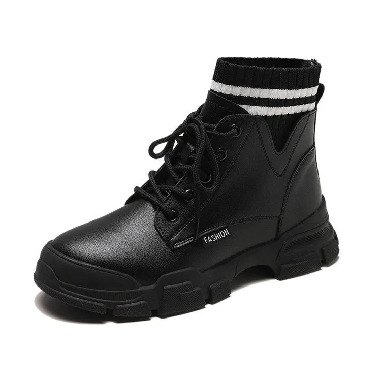 Women's short Martin boots in black faux PU leather with decorative stitching and lace-up front