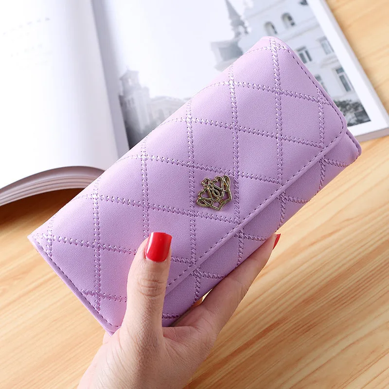 Women's embroidered crown wallet with cross pattern and draw buckle in PU leather, square cross-section