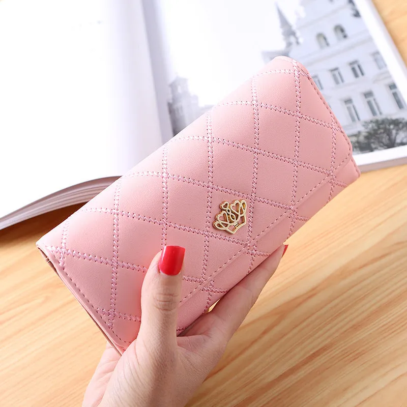 Women's embroidered crown wallet with cross pattern and draw buckle in PU leather, square cross-section