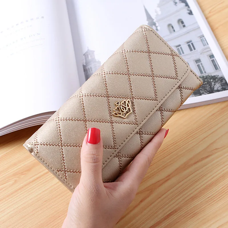 Women's embroidered crown wallet with cross pattern and draw buckle in PU leather, square cross-section
