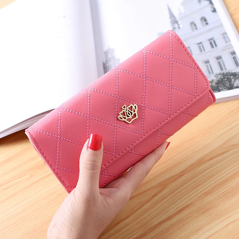 Women's embroidered crown wallet with cross pattern and draw buckle in PU leather, square cross-section