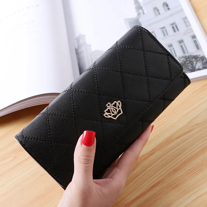 Women's embroidered crown wallet with cross pattern and draw buckle in PU leather, square cross-section