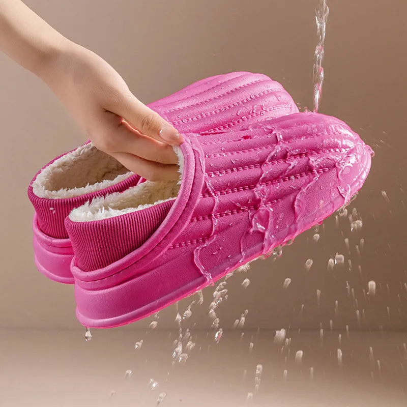 Thickened couple slippers in grey, EVA sole, non-slip, round toe, plush lined winter home shoes